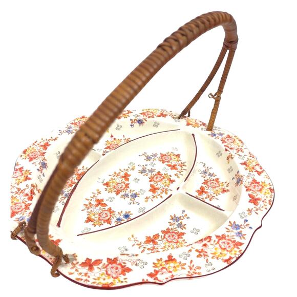 Antique Hand Painted Decorative Divided Plate Rattan Handle Made Japan Floral - Picture 3 of 10